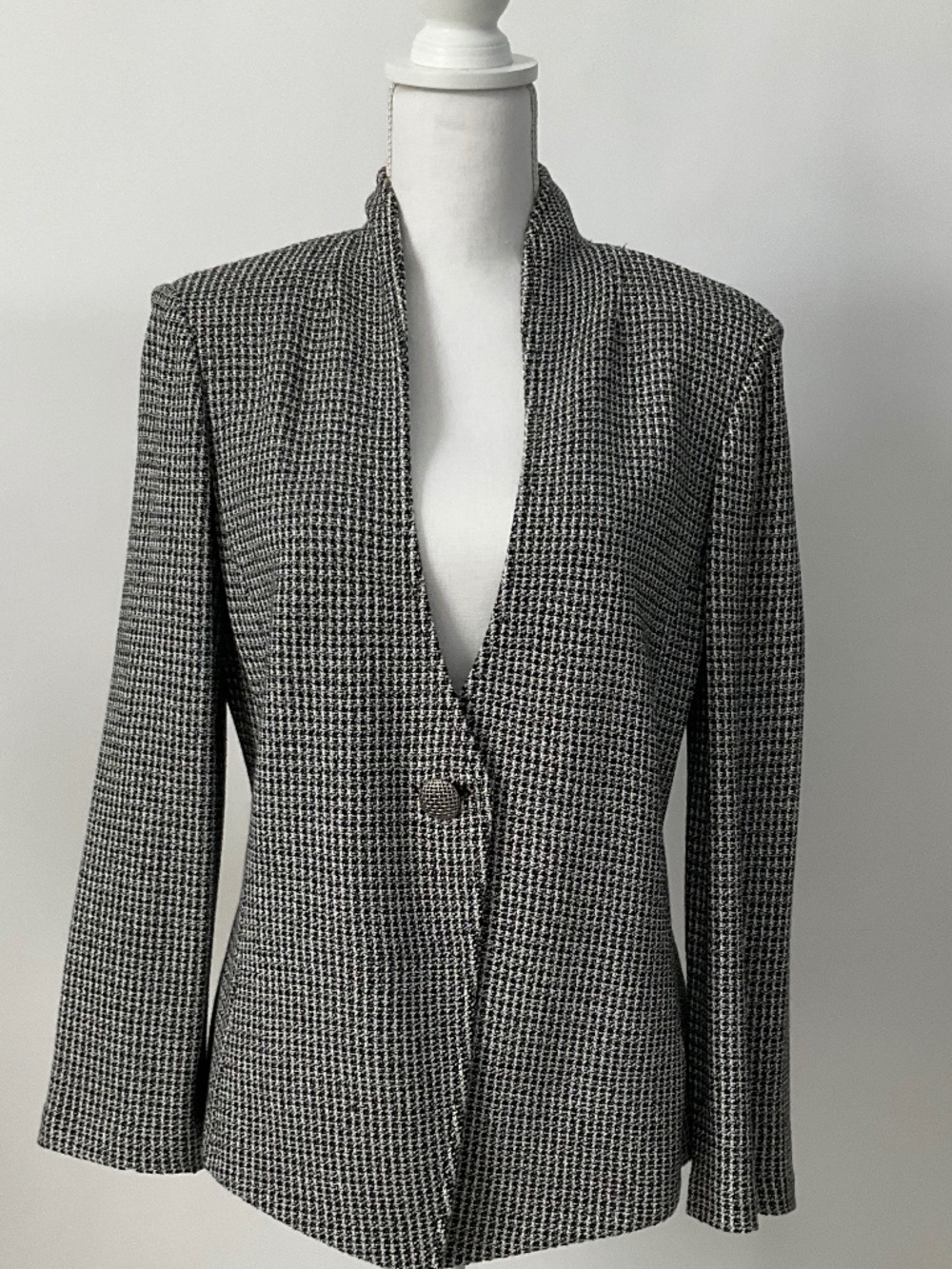 St. John Black White Tweed Single Button Blazer Jacket Luxury Size 10